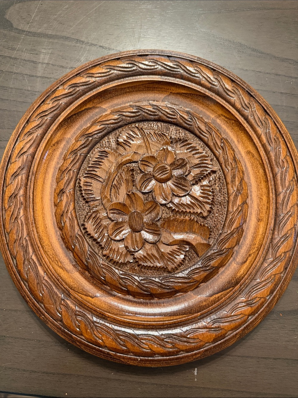 Vintage Hand-Carved Wooden Floral plate- Warm Brown